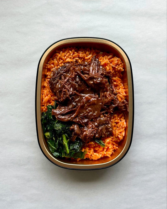 Braised Beef - Jollof Rice - Bone Broth Collards