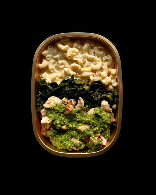 Pesto Chicken - Protein Mac and Cheese - Bone Broth Collards
